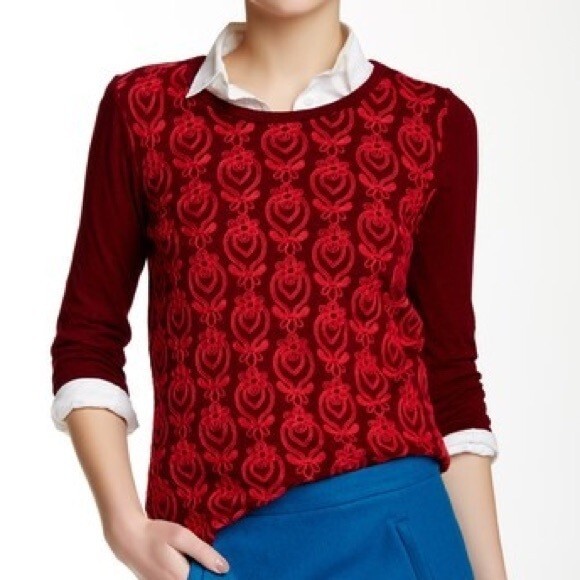 J. Crew Top Maroon Red Embroidery Preppy 3/4 Sleeve Knit Stretch Blouse Shirt - Picture 1 of 5